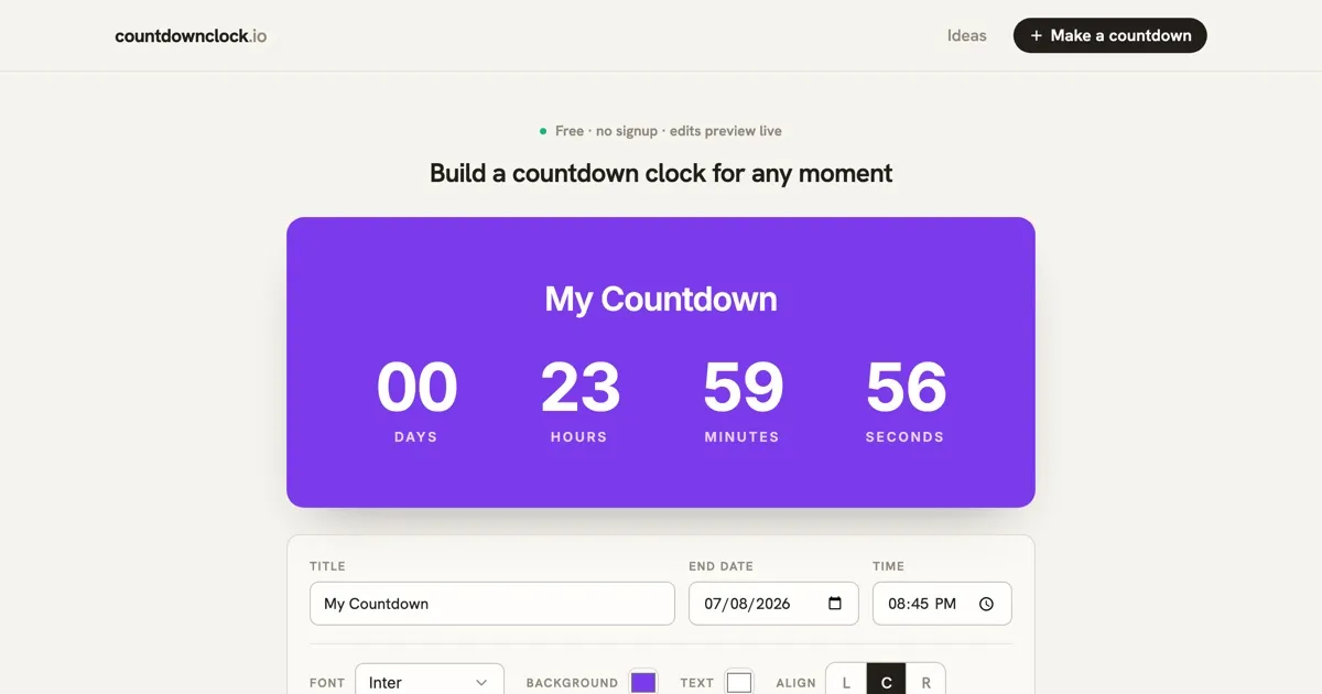 Screenshot of countdownclock.io